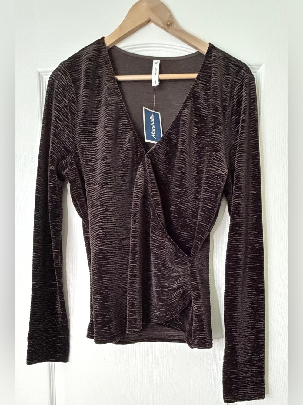 ACOS&A Textured Faux Wrap Surplice V Neck Long Sleeve Top Brown Black Women’s L